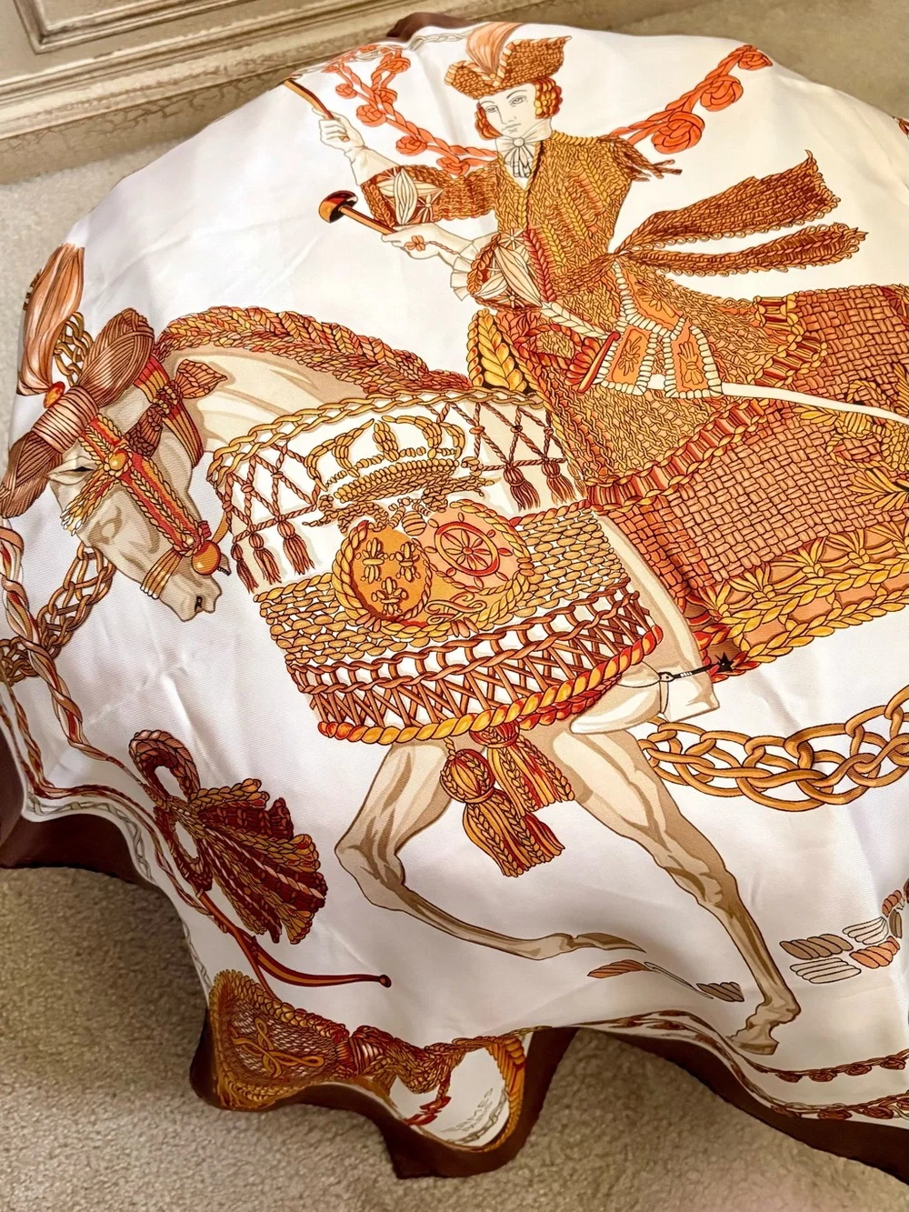 Hermes Gold, White, and Brown Equestrian Silk Scarf Classic